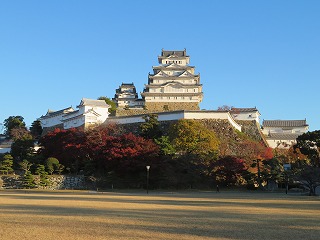 初冬の朝日を受ける姫路城の風景