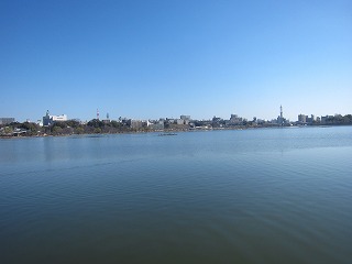 千波湖と水戸市街地を望む風景